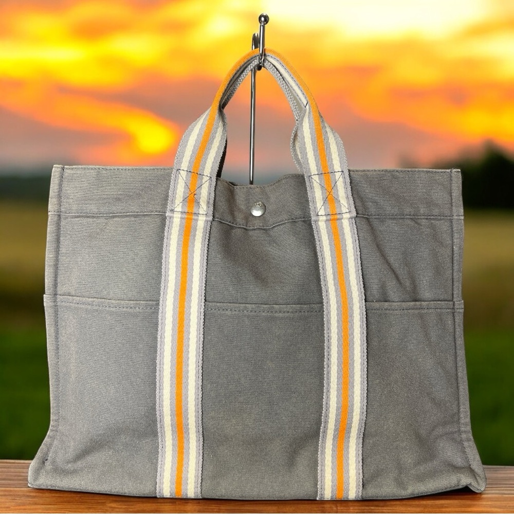 Hermes Gray Tote with Yellow Stripes